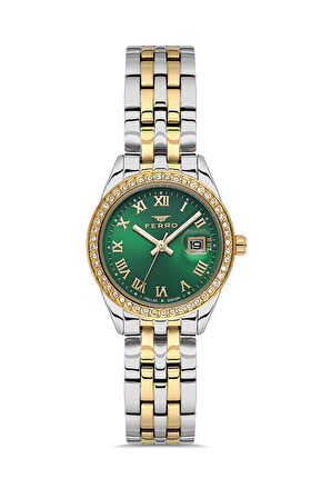 Ferro FL21619AWT-D6 Quartz Çelik Altın/Gri Yeşil Kadran 32 mm Kadın Kol Saati