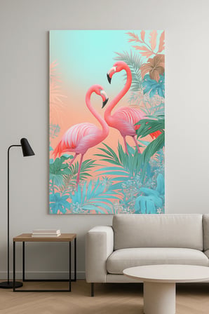 Tropikal Flamingo Desenli Çerçevesiz Cam Tablo – Modern Salon ve Ofis Dekorasyonu