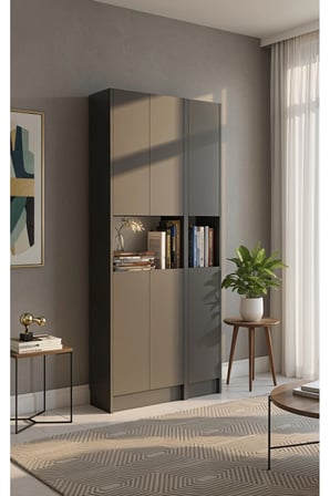 Flat85 Kitaplık 6 Kapaklı Kütüphane Çok Amaçlı Dolap Antrasit