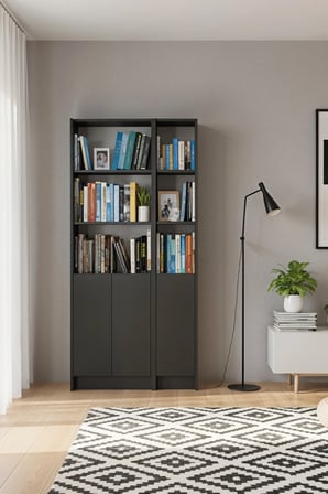 Flat85 Kitaplık 3 Kapaklı Kütüphane Çok Amaçlı Dolap Antrasit