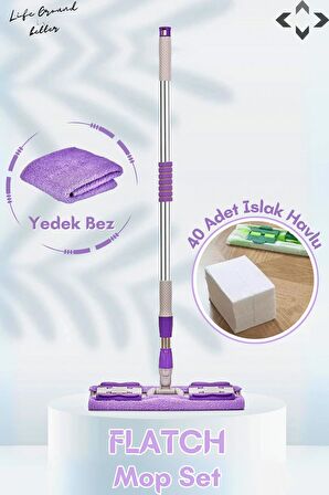 FLATCH Mop Set Mandallı Çok Amaçlı Temizlik Mopu 1 Adet Yedek Bez ve 40 Adet Islak Havlu MOR - YEŞİL