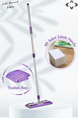 FLATCH Mop Set Mandallı Çok Amaçlı Temizlik Mopu 1 Adet Yedek Bez ve 40 Adet Islak Havlu MOR - YEŞİL