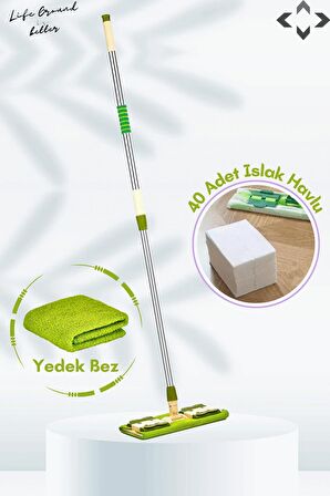 FLATCH Mop Set Mandallı Çok Amaçlı Temizlik Mopu 1 Adet Yedek Bez ve 40 Adet Islak Havlu MOR - YEŞİL