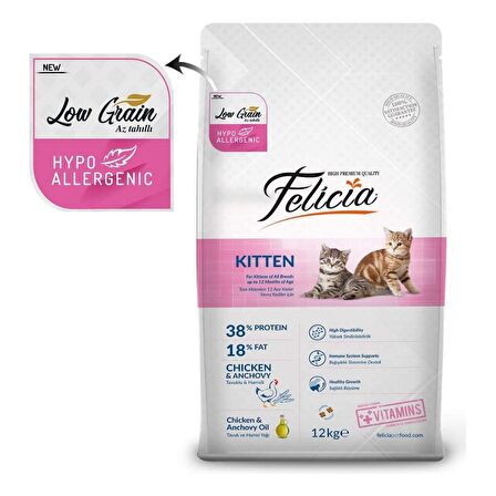 Felicia HypoAllergenic Tavuklu ve Hamsili Düşük Tahıllı Yavru Kedi Maması 12 Kg