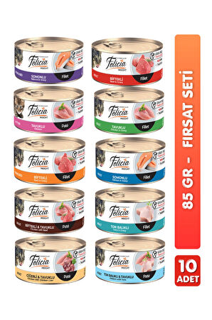 10'lu Tahılsız Premium Karışık Aromalı Kedi Konserve Maması Kedi Yaş Maması 85gr x 10 Adet