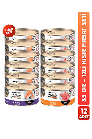 12li Tahılsız Somon ve Biftek Aromalı Kısır Kedi Konserve Maması Kısır Kedi Yaş Maması 85gr x12 Adet