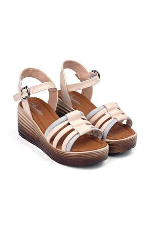 Kadın Krem Taşlı Dolgu Topuklu Sandalet 6 Cm Rahat Yüksek Topuklu