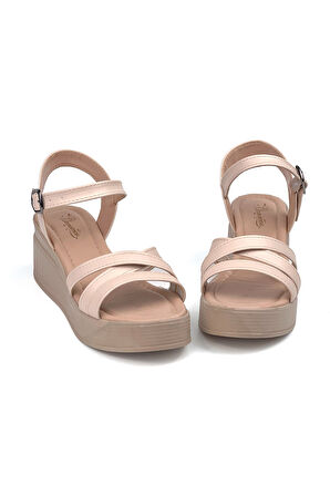 Kadın Krem Dolgu Topuklu Sandalet 6 Cm Rahat Yüksek Topuklu