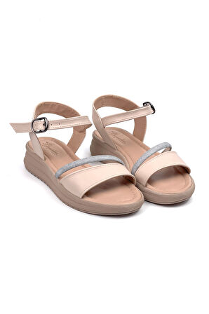 Kadın Krem Taşlı Dolgu Topuklu Sandalet 3 Cm Günlük Rahat