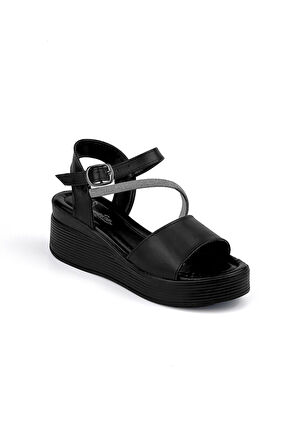 Kadın Siyah Tokalı Taşlı Dolgu Topuklu Sandalet 6 Cm Rahat Yüksek Topuklu