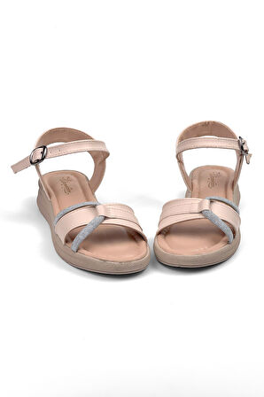 Kadın Krem Taşlı Dolgu Topuklu Sandalet 3 Cm Günlük Rahat