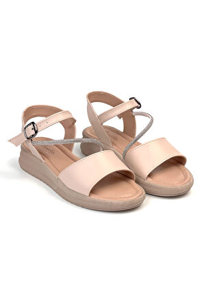 Kadın Krem Taşlı Dolgu Topuklu Sandalet 3 Cm Günlük Rahat