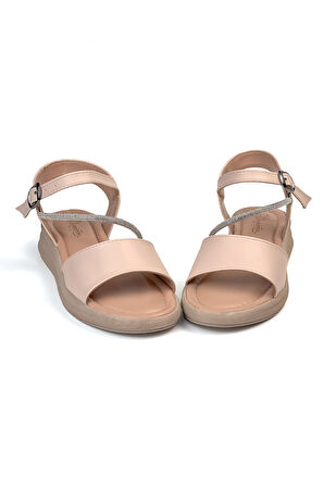 Kadın Krem Taşlı Dolgu Topuklu Sandalet 3 Cm Günlük Rahat