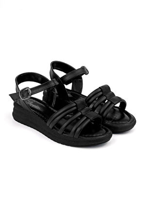 Kadın Siyah Tokalı Dolgu Topuklu Sandalet 3 Cm Günlük Rahat