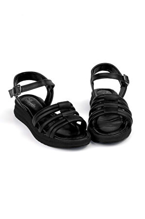 Kadın Siyah Tokalı Dolgu Topuklu Sandalet 3 Cm Günlük Rahat
