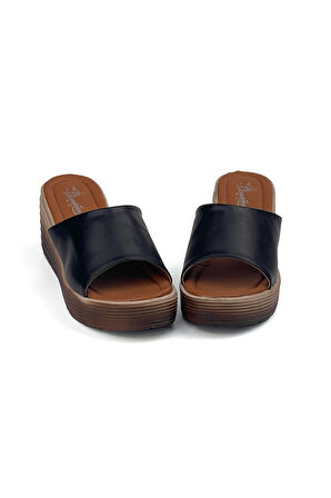 Kadın Siyah Dolgu Topuklu Terlik 7 Cm Günlük Rahat Yüksek Topuklu