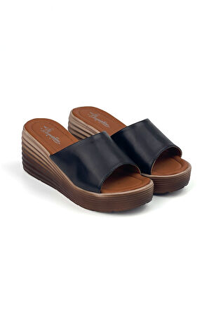 Kadın Siyah Dolgu Topuklu Terlik 7 Cm Günlük Rahat Yüksek Topuklu