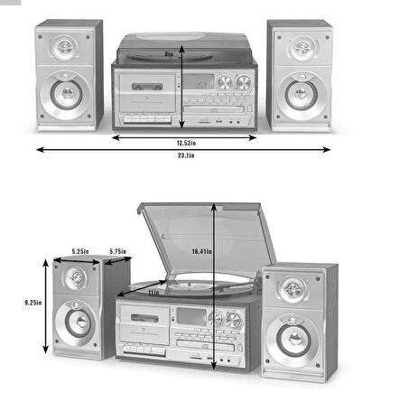 Bluetooth Cd'li Kaset USB Radyo 33-45-78 Plaklar Çalar Pikap Çift Hoparlörlü Kumandalı