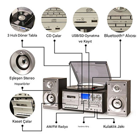 Bluetooth Cd'li Kaset USB Radyo 33-45-78 Plaklar Çalar Pikap Çift Hoparlörlü Kumandalı