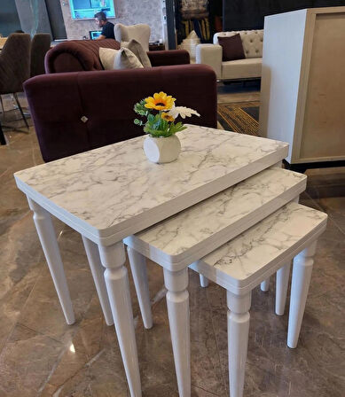 3lü Lüx Zigon Sehpa Beyaz Mermer Full Beyaz