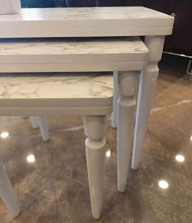 3lü Lüx Zigon Sehpa Beyaz Mermer Full Beyaz