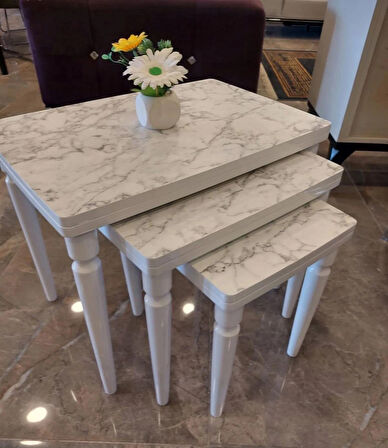 3lü Lüx Zigon Sehpa Beyaz Mermer Full Beyaz