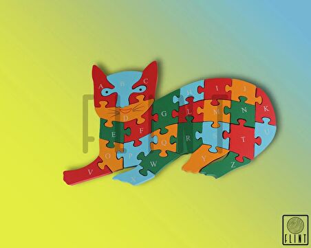 Ahşap yapboz 26 parça kedi figürlü çocuk eğitici puzzle