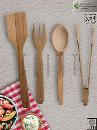 Gürgen ahşap tahta kaşık çatal spatula maşa 4'lü set yemek servis seti mutfak seti