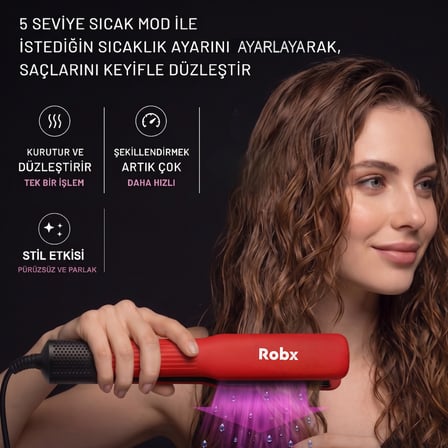 Robx Saç Düzleştirici Kırmızı Keratin Seramik Islak ve Kuru Hava Üflemeli 80 °C 180 °C 2m Kablo Uzunluğu 30sn Isınma Süresi Dijital Ekran