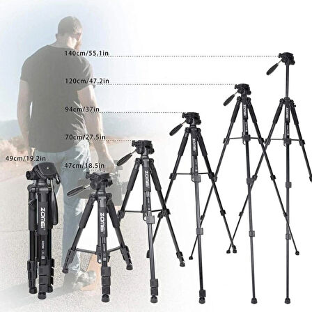 Q111 Profesyonel Alüminyum Tripod 5 Kg Taşıma Kapasiteli Çantalı Premium Tripod 140cm Yükseklik Kapasiteli Siyah