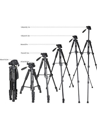 Q111 Profesyonel Alüminyum Tripod 5 Kg Taşıma Kapasiteli Çantalı Premium Tripod 140cm Yükseklik Kapasiteli Gri