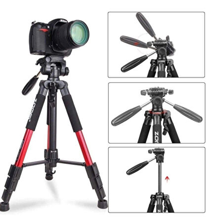 Q111 Profesyonel Alüminyum Tripod 5 Kg Taşıma Kapasiteli Çantalı Premium Tripod 140cm Yükseklik Kapasiteli Kırmızı