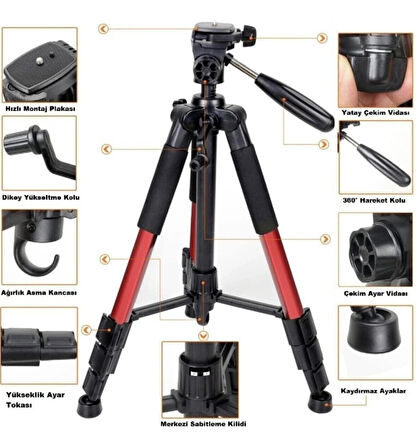 Q111 Profesyonel Alüminyum Tripod 5 Kg Taşıma Kapasiteli Çantalı Premium Tripod 140cm Yükseklik Kapasiteli Kırmızı