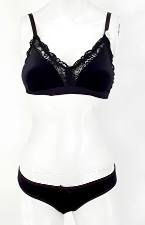 Kadife Bralet Sütyen Takım Dantelli Desteksiz Balensiz Koza 80153