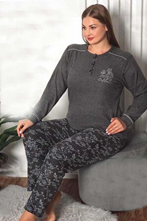 Fawn Kadın Büyük Beden Çiçek Desen 3 Düğme İnterlok Pijama Takımı (8455)