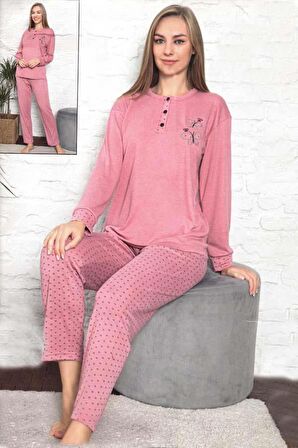 Fawn Kadın Kelebek Baskı 3 Düğme Uzun Kol Pijama Takımı (6804)