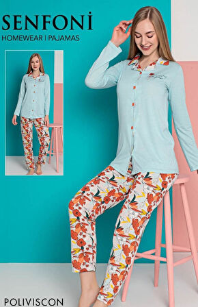Kadın Düğmeli Uzun Kol Pijama Takımı Senfoni - 10274 