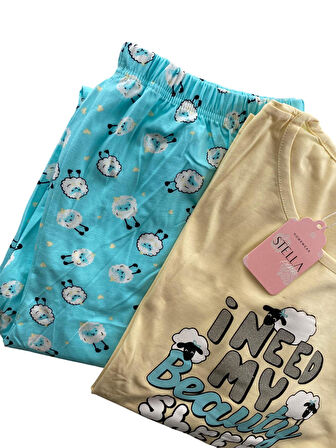 Kadın Battal Koyun Desenli Pijama Takım - 5470 - STLLA PNK