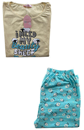 Kadın Battal Koyun Desenli Pijama Takım - 5470 - STLLA PNK