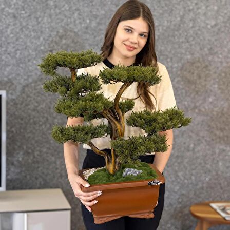 Flora Bonsai-4 Masaüstü Kullanıma Uygun Doğal Ağaç Gövdeli Yapay Bonsai Ağacı - 40x50 Cm