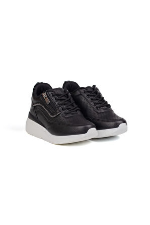 Kız Çocuk Siyah Beyaz Fermuarlı Bağcıklı Taşlı Sneaker Dolgu Taban Rahat Spor Ayakkabı