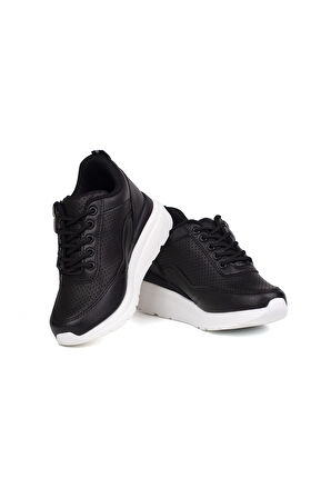 Kız Çocuk Siyah Beyaz Fermuarlı Bağcıklı Taşlı Sneaker Dolgu Taban Rahat Spor Ayakkabı