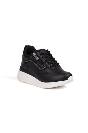 Kız Çocuk Siyah Beyaz Fermuarlı Bağcıklı Taşlı Sneaker Dolgu Taban Rahat Spor Ayakkabı