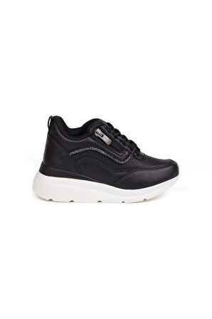 Kız Çocuk Siyah Beyaz Fermuarlı Bağcıklı Taşlı Sneaker Dolgu Taban Rahat Spor Ayakkabı