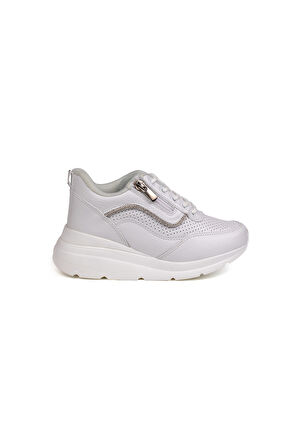 Kız Çocuk Beyaz Fermuarlı Bağcıklı Taşlı Sneaker Dolgu Taban Rahat Spor Ayakkabı