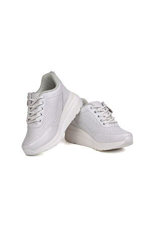 Kız Çocuk Beyaz Fermuarlı Bağcıklı Taşlı Sneaker Dolgu Taban Rahat Spor Ayakkabı