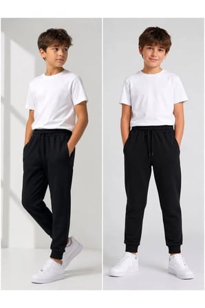 Unisex Kız Erkek Çocuk Beli Paçası Lastikli Fermuar Cepli Okul İki İplik Eşofman Altı Pantolon — Siyah