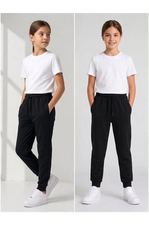 Unisex Kız Erkek Çocuk Beli Paçası Lastikli Fermuar Cepli Okul İki İplik Eşofman Altı Pantolon — Siyah