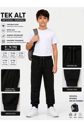 Unisex Kız Erkek Çocuk Beli Paçası Lastikli Fermuar Cepli Okul İki İplik Eşofman Altı Pantolon — Siyah