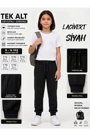 Unisex Kız Erkek Çocuk Beli Paçası Lastikli Fermuar Cepli Okul İki İplik Eşofman Altı Pantolon — Siyah